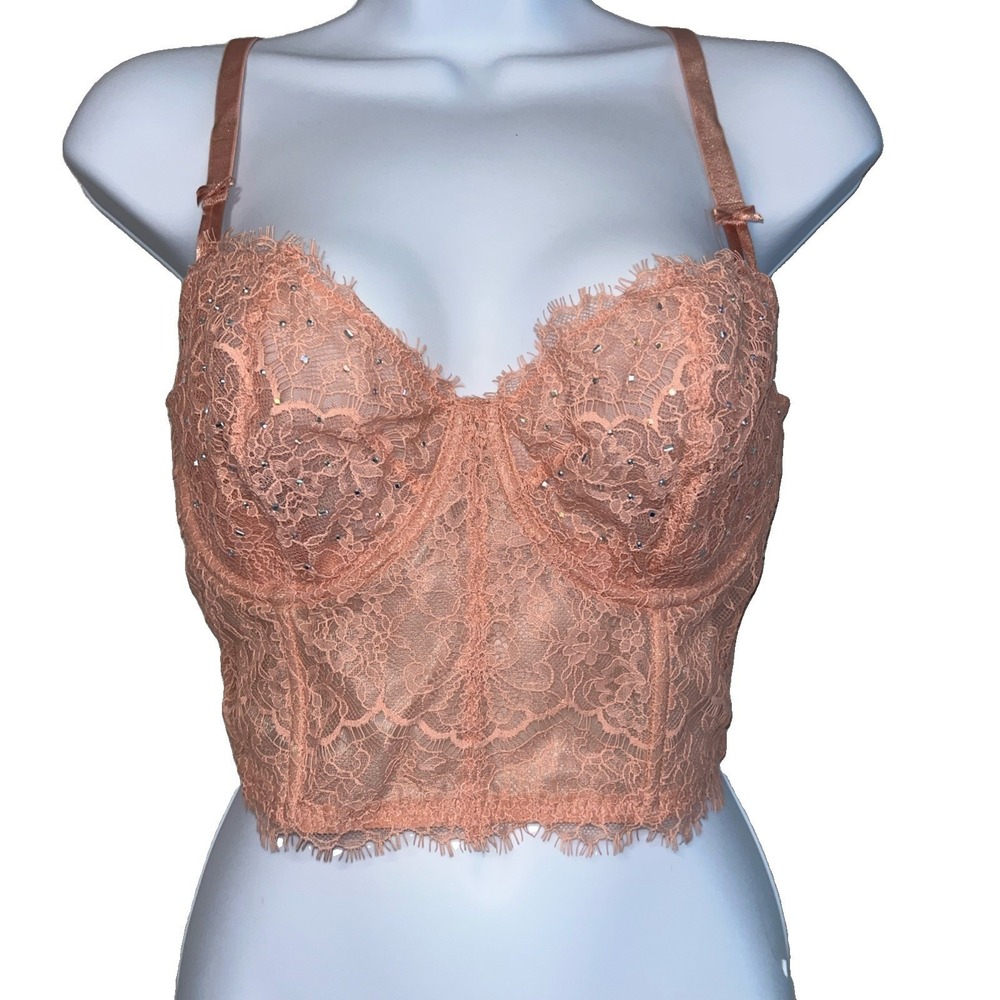 Victoria's‎ Secret Corset Top Women M Pink Lace Rhinestone Bustier Y2K Coquette
